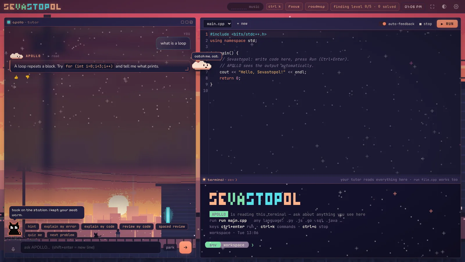 The Sevastopol window in its coral night theme: the tutor chat on the left, a C++ editor on the right, and a terminal below it.